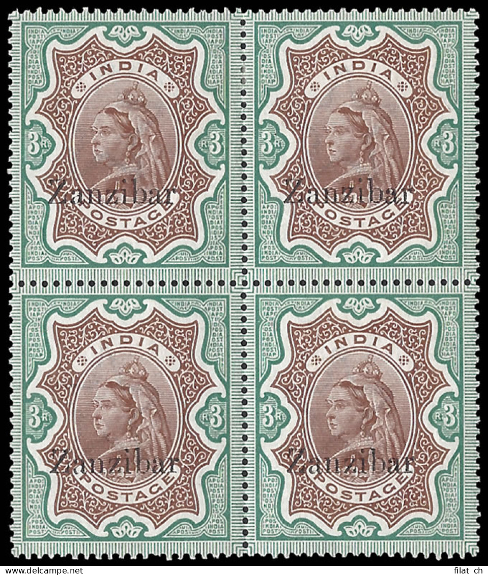 Zanzibar 1895 QV 3r Block Incl Daun's Capital Z & Thin Top Z - Zanzibar (...-1963)