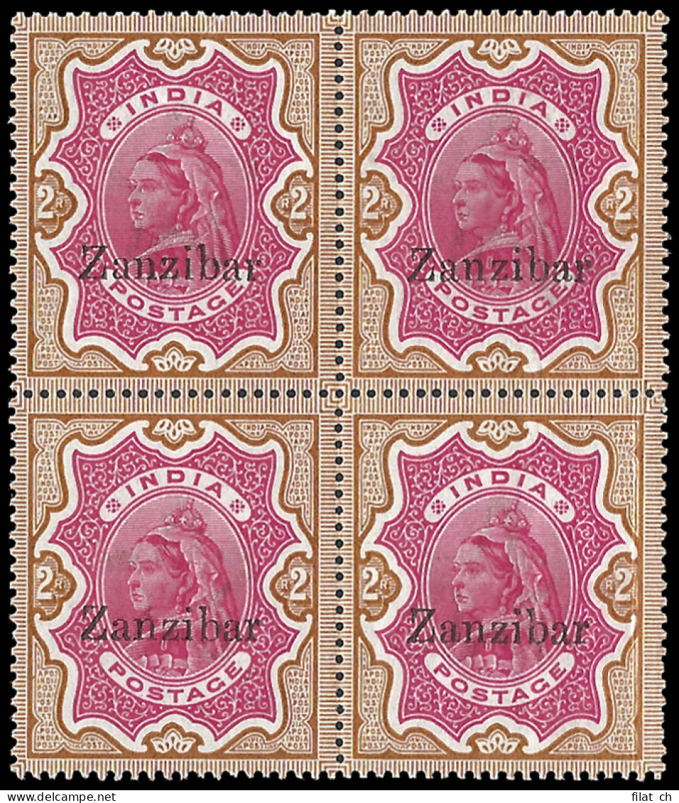 Zanzibar 1895 QV 2r Block Incl Daun's Capital Z Variety - Zanzibar (...-1963)