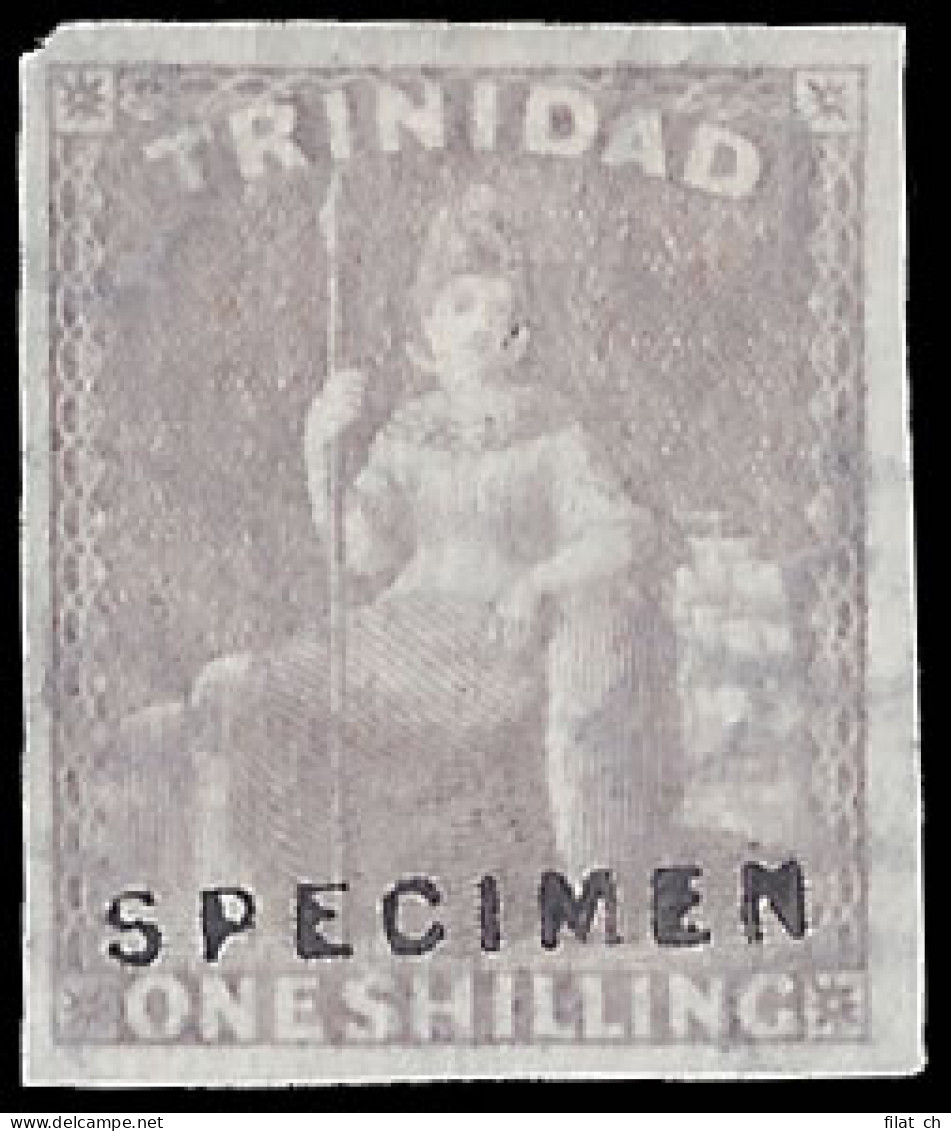 Trinidad 1863 1/- Imperf, Wmk Reversed De La Rue File Specimen - Trinidad & Tobago (...-1961)