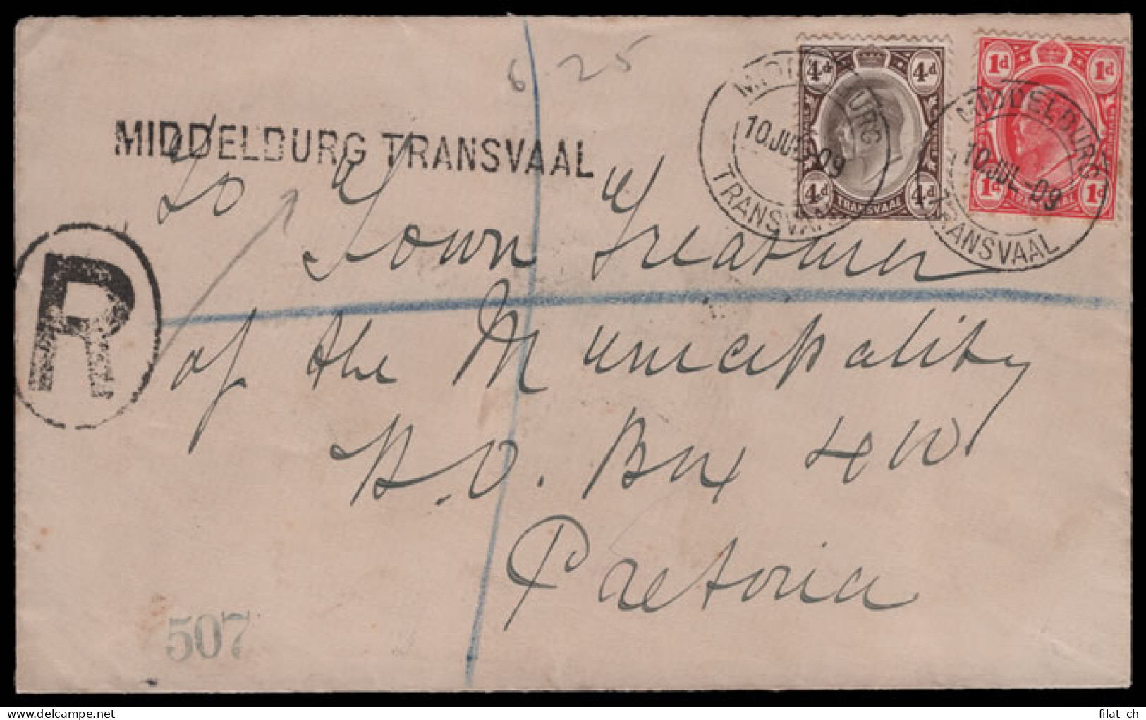 Transvaal 1909 Straightline Middleburg, Internal Registered - Transvaal (1870-1909)