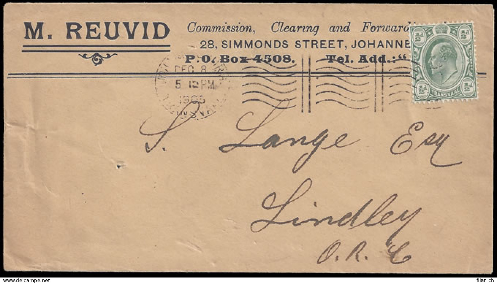 TRANSVAAL 1905 FORWARDING AGENTS PRINTED ENVELOPE M. REUVID - Transvaal (1870-1909)