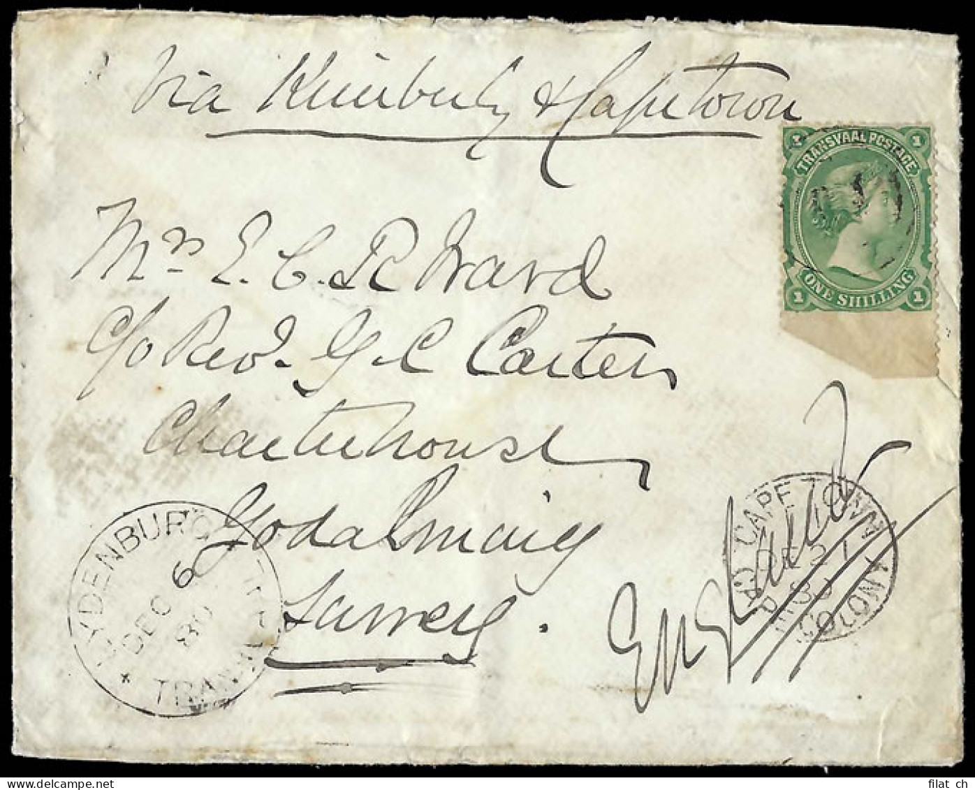 Transvaal 1880 QV 1/- Franking "via Kimberley & Cape Town" - Transvaal (1870-1909)