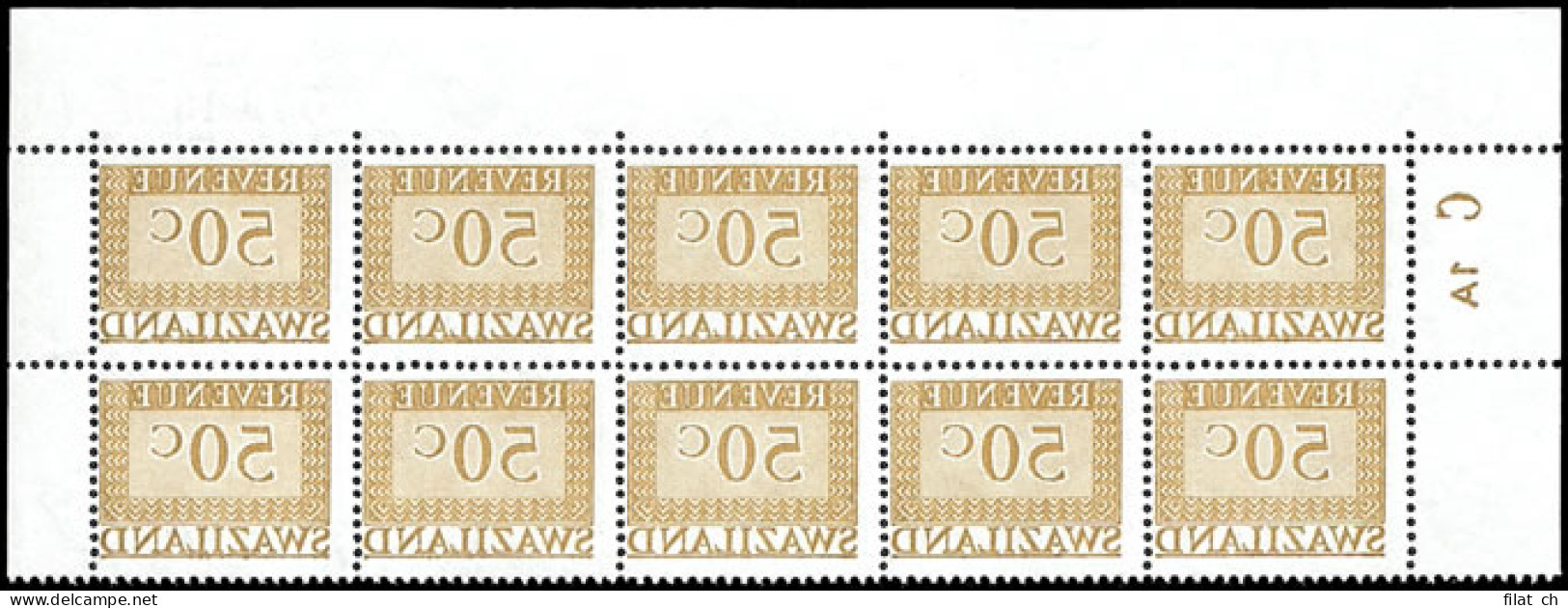 Swaziland Revenues 1970 50c Complete Offset Plate Block - Swaziland (...-1967)