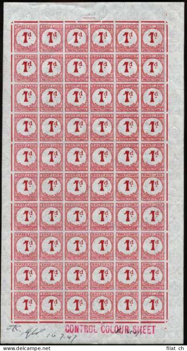 Swaziland Postage Due 1947 1d Imperf Colour Proof Sheet - Swasiland (...-1967)