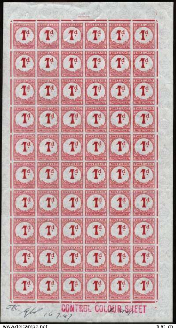 Swaziland Postage Due 1947 1d Imperf Colour Proof Sheet - Swaziland (...-1967)