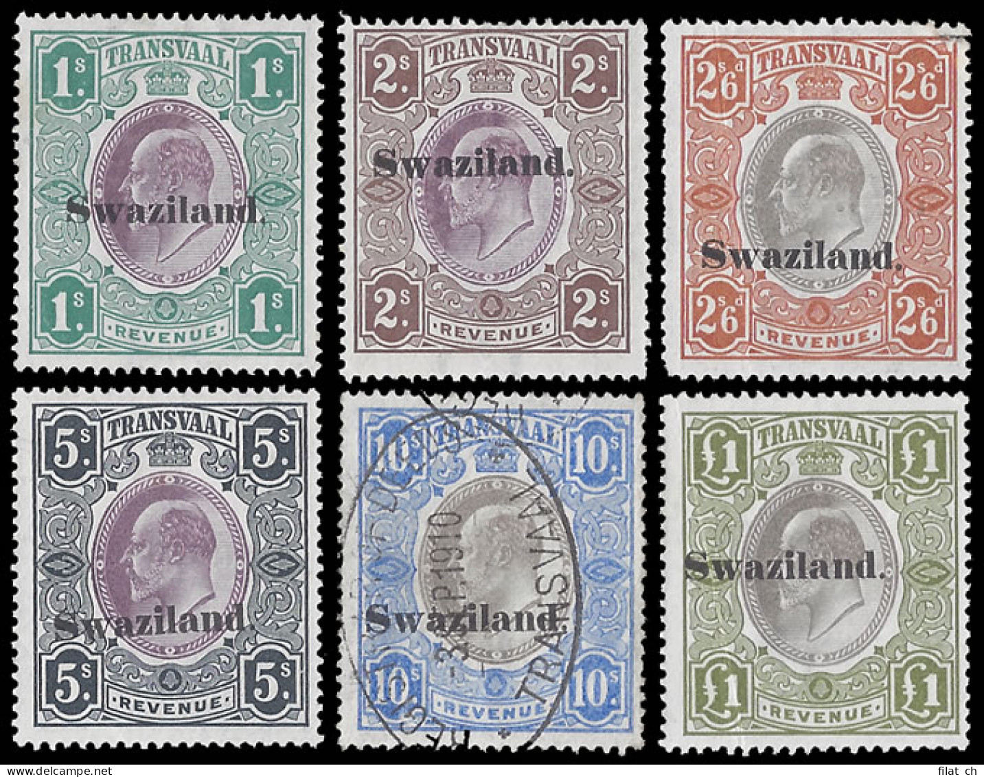 SWAZILAND REVENUES 1904 TVL KEVII 1/- - &pound;1 OVERPRINT, SCAR - Swaziland (...-1967)