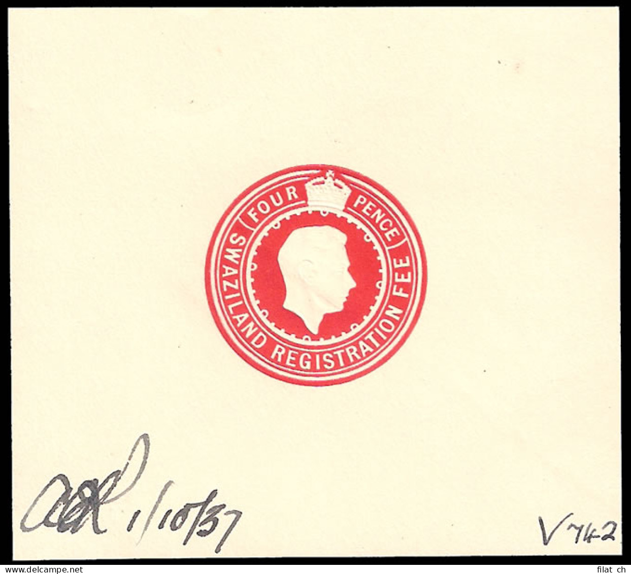 Swaziland 1937 Rare KGVI Registration Envelope Die Proof - Swasiland (...-1967)