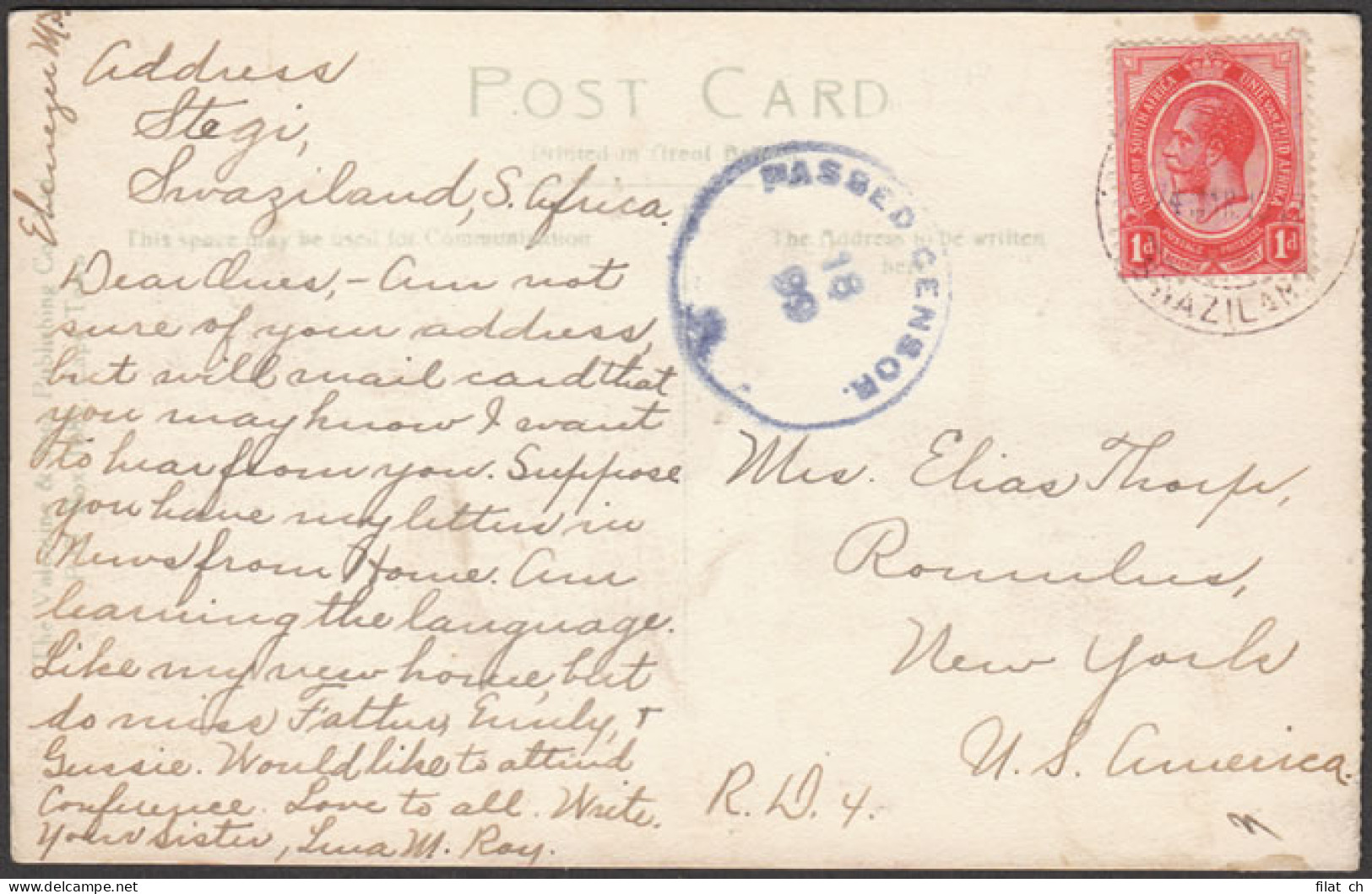 Swaziland 1917 Scarce Use SA 1d On Postcard From Stegi - Swaziland (...-1967)