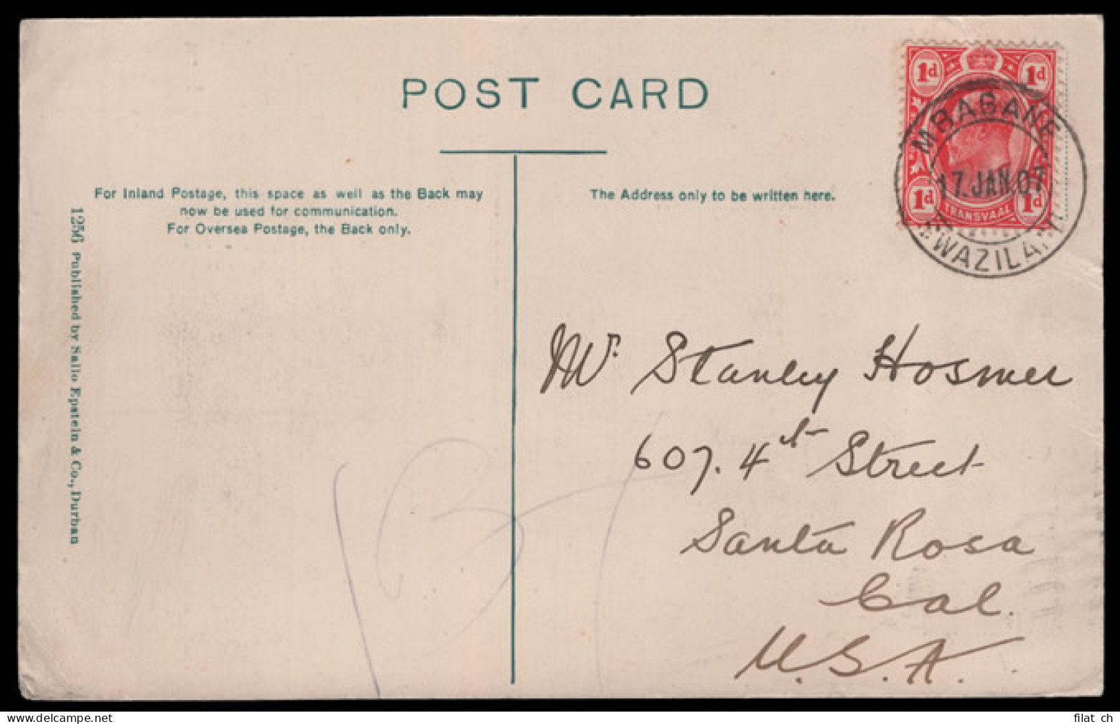 Swaziland 1907 Transvaal Franking On Postcard, Mbabane To USA - Swaziland (...-1967)