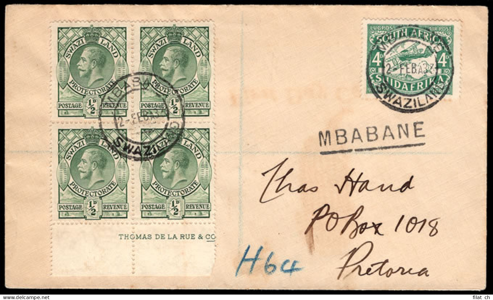 Swaziland 1933 KGV Combination With SA 4d Airmail - Swaziland (...-1967)