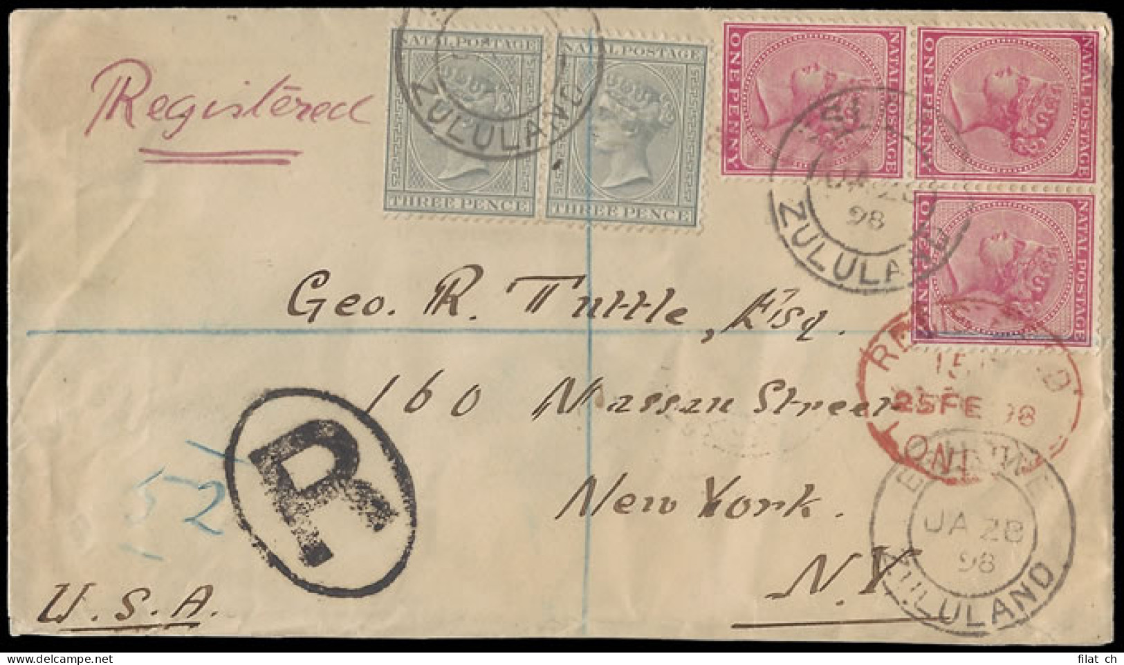 Zululand 1898 Double Rate Eshowe To USA, Early Use Natal Stamps - Zululand (1888-1902)