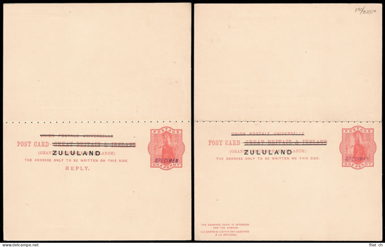 Zululand 1893 QV Reply Paid Card Specimen - Zululand (1888-1902)