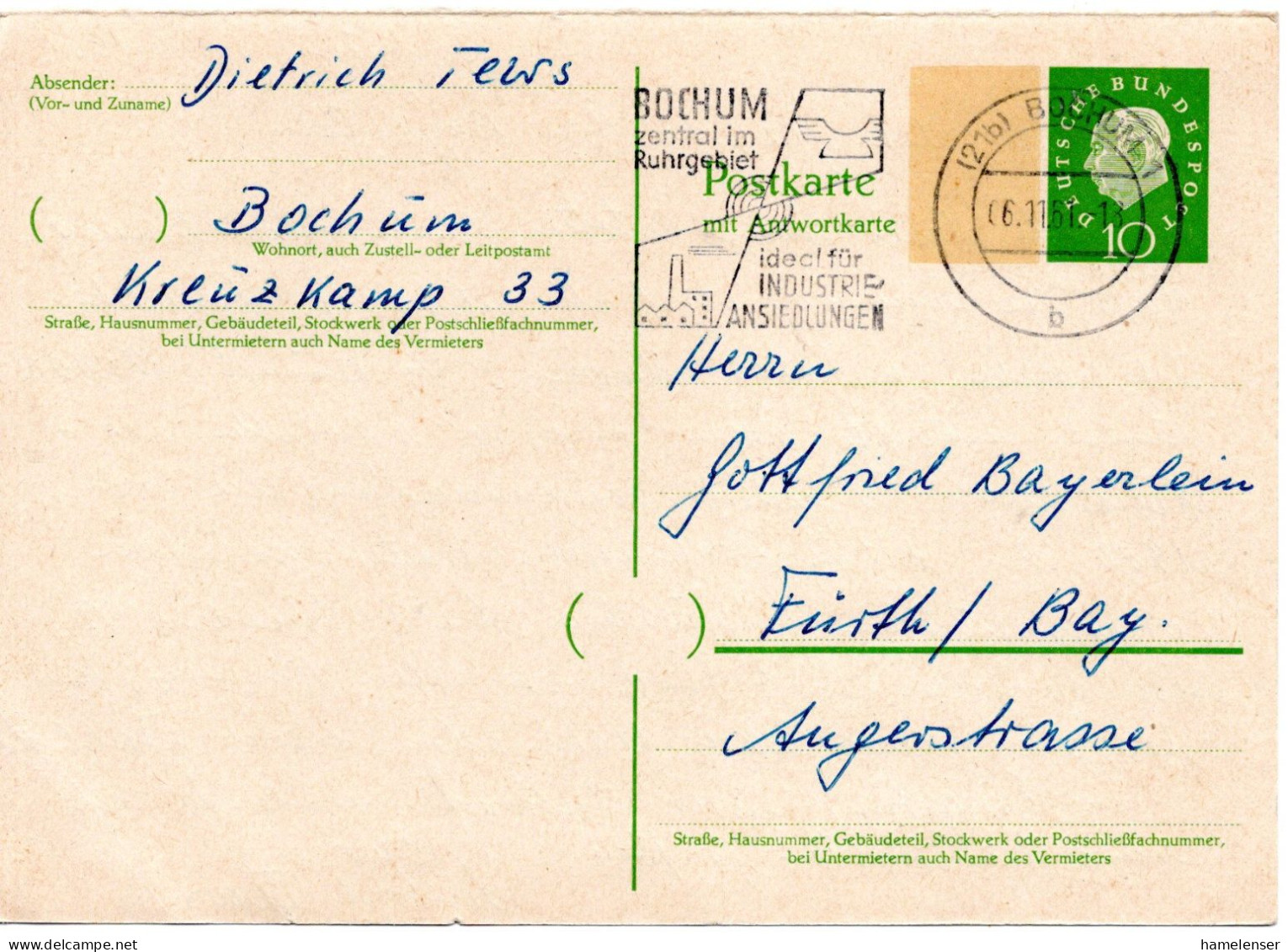 74875 - Bund - 1961 - 10Pfg Heuss III GAAntwKte (Frageteil) M Breit Fluor-Zudruck BOCHUM - ... -> Fuerth - Lettres & Documents