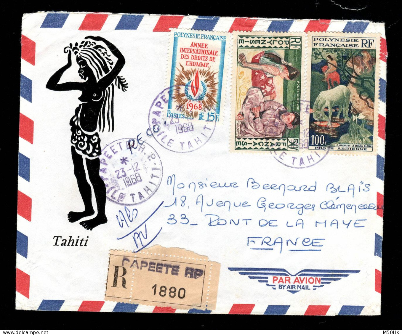 Polynésie - Enveloppe Recommandée Avec YV 62 , PA 2 & 3 , Du 23-12-1968 , En L'état - Storia Postale