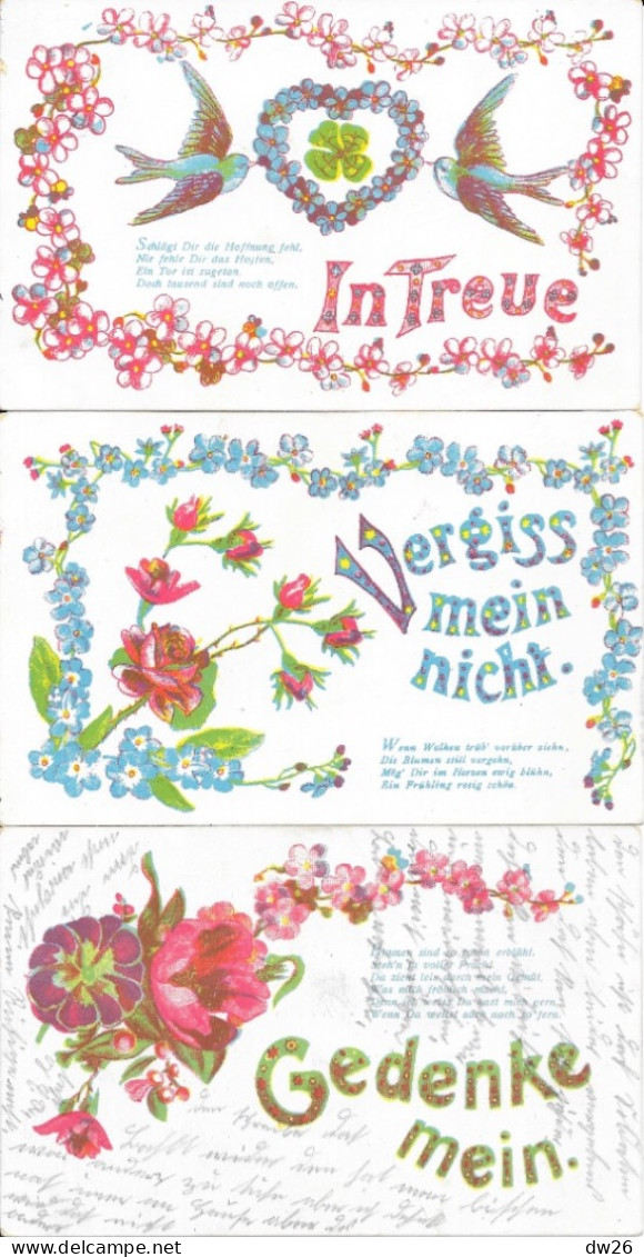 Lot De 3 Cartes Fantaisie (fleurs Et Oiseaux): Gedenke Mein, Vergiss Mein Nicht, In Treue (souviens-toi De Moi...) - Collezioni E Lotti