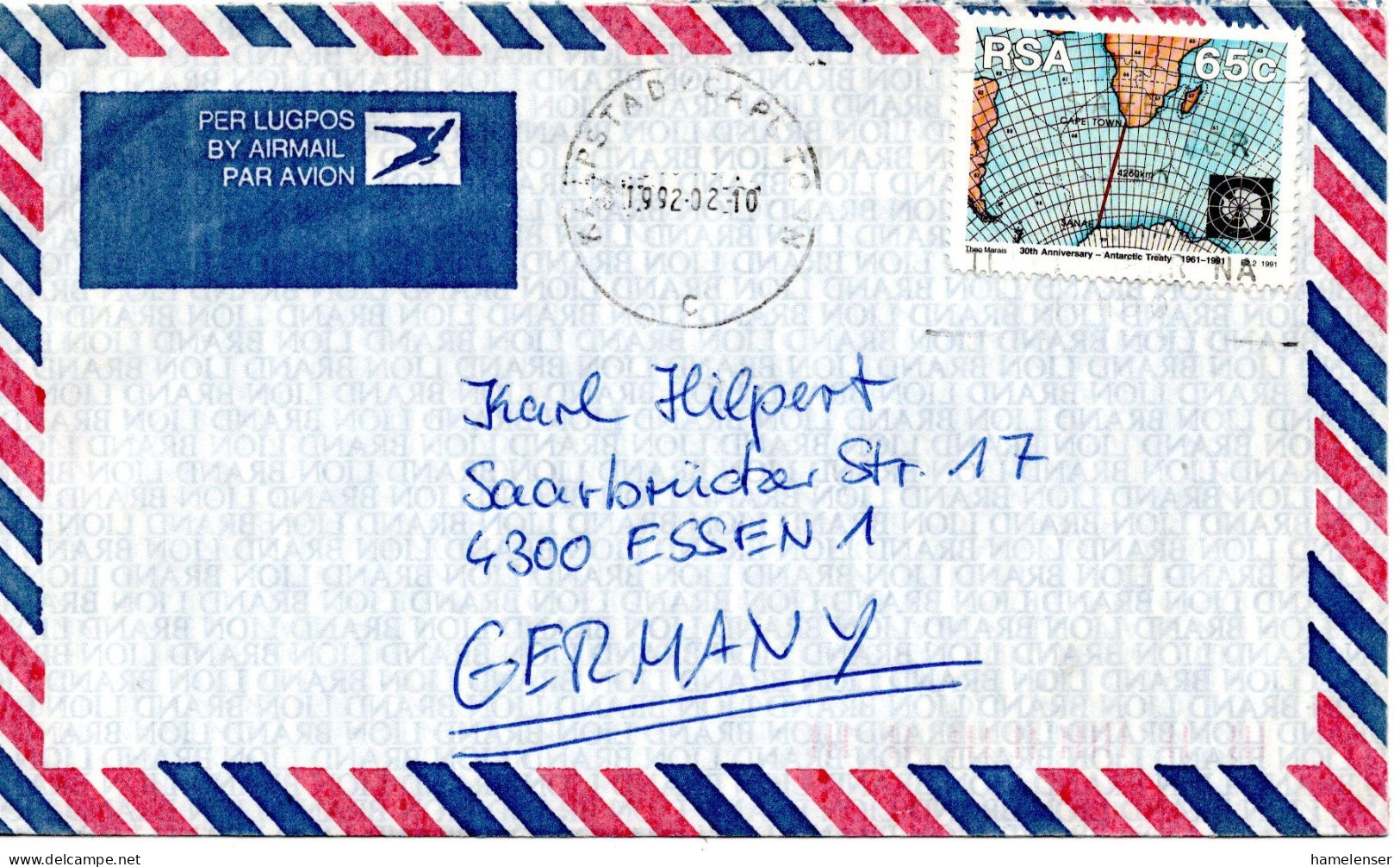 74880 - Südafrika - 1992 - 65c Antarktisvertrag EF A LpBf CAPE TOWN -> Deutschland - Storia Postale