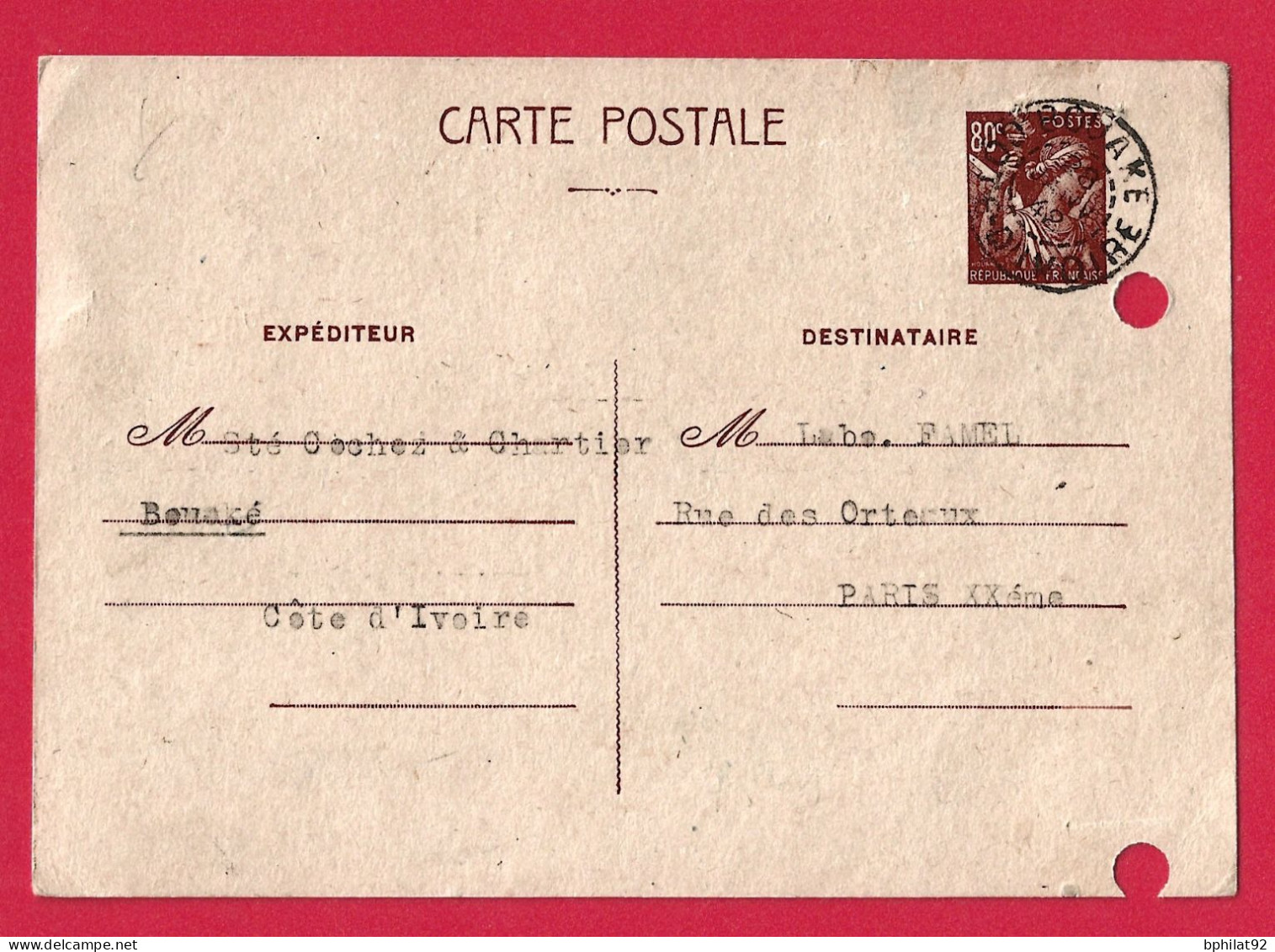 !!! ENTIER POSTAL IRIS À 80CTS UTILISÉ À BOUAKE, CÔTE D'IVOIRE EN JANVIER 1942, TROUS D'ARCHIVES, RARE - Covers & Documents