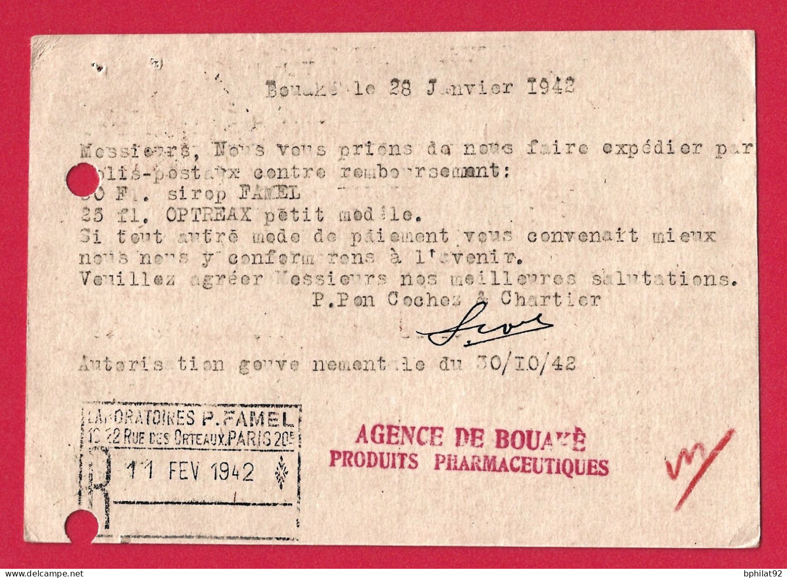 !!! ENTIER POSTAL IRIS À 80CTS UTILISÉ À BOUAKE, CÔTE D'IVOIRE EN JANVIER 1942, TROUS D'ARCHIVES, RARE - Covers & Documents