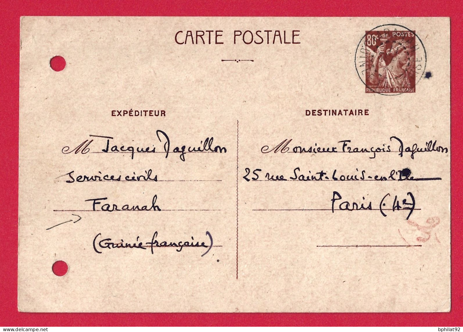 !!! ENTIER POSTAL IRIS UTILISÉ À FARANAH, GUINÉE FRANÇAISE EN SEPTEMBRE 1941, TROUS D'ARCHIVES - Cartas & Documentos