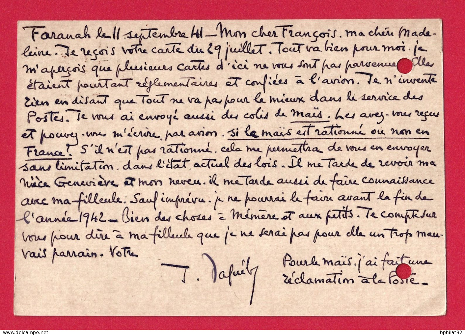 !!! ENTIER POSTAL IRIS UTILISÉ À FARANAH, GUINÉE FRANÇAISE EN SEPTEMBRE 1941, TROUS D'ARCHIVES - Lettres & Documents