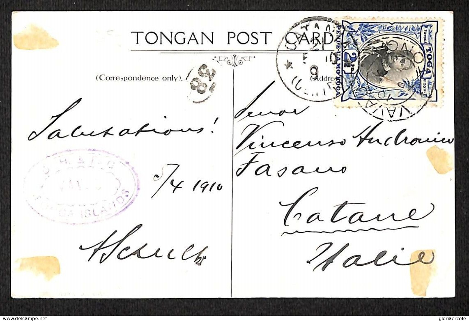 37588 - TONGA  - POSTAL HISTORY - POSTCARD Fro VAVAU M NAURU To Italy CATANIA - 1910 - Tonga (...-1970)