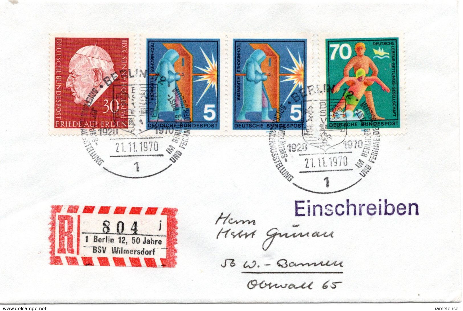 74881 - Bund - 1970 - 70Pfg DLRG MiF A R-Bf BERLIN - 50 JAHRE BSV WILMERSDORF -> Wuppertal, M So-R-Zettel - Covers & Documents