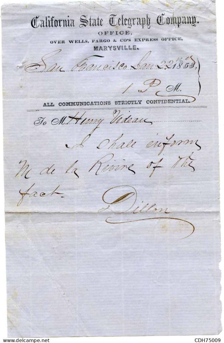 ETATS UNIS - BY TELEGRAPH OFFICE HIGH ST MARYSVILLE SUR ENVELOPPE CONTENANT UN TELEGRAMME DE SAN FRANCISCO, 1853 - Lettres & Documents