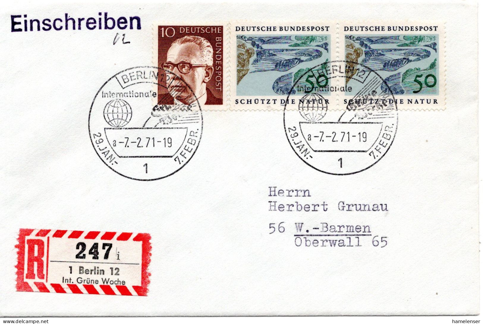 74882 - Bund - 1971 - 2@50Pfg Naturschutz MiF A R-Bf BERLIN - ... GRUENE WOCHE -> Wuppertal, M So-R-Zettel - Storia Postale