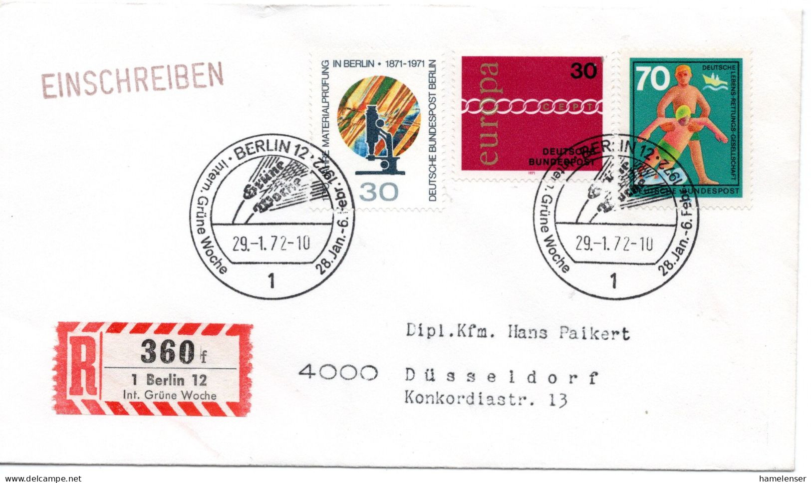 74883 - Bund - 1972 - 70Pfg DLRG MiF A R-Bf BERLIN - ... GRUENE WOCHE -> Duesseldorf, M So-R-Zettel - Briefe U. Dokumente