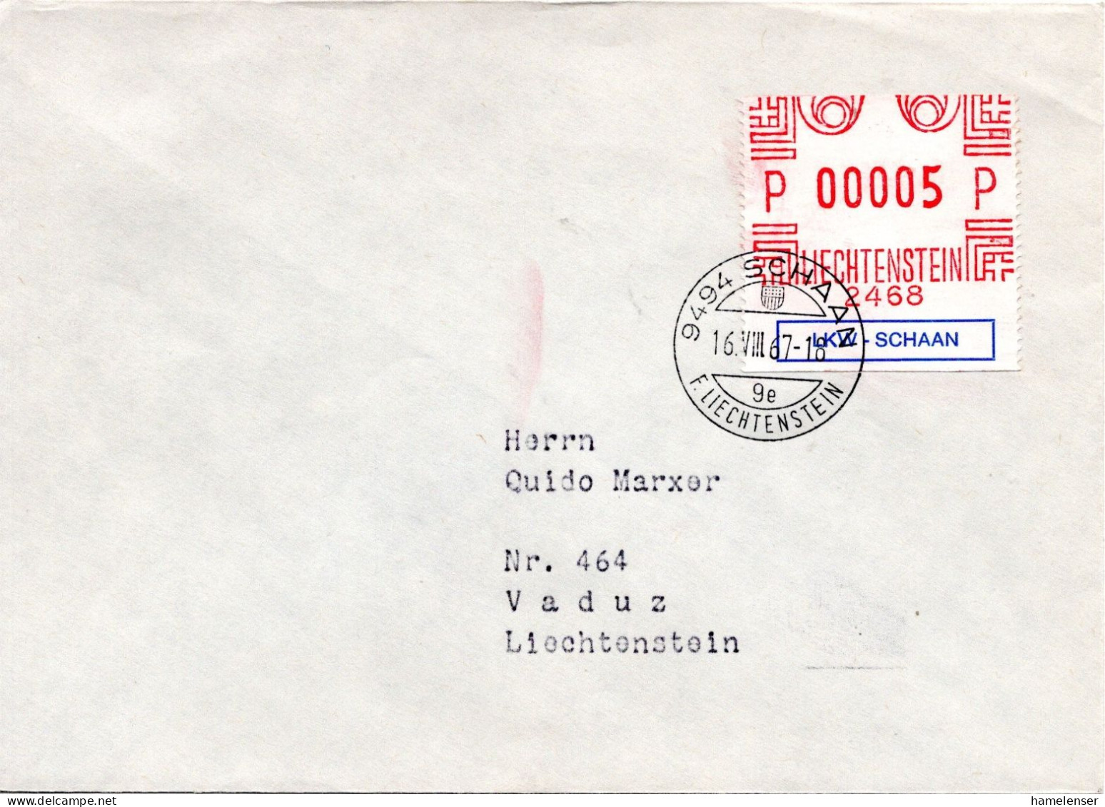 74885 - Liechtenstein - 1967 - 5Rp Freistpl A Bf SCHAAN -> Vaduz - Storia Postale