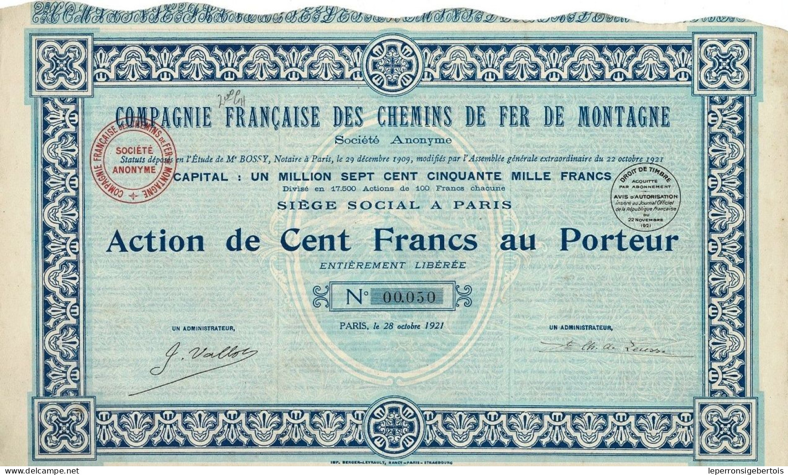 Titre De 1921 - Compagnie Française Des Chemins De Fer De Montagne - - Ferrovie & Tranvie