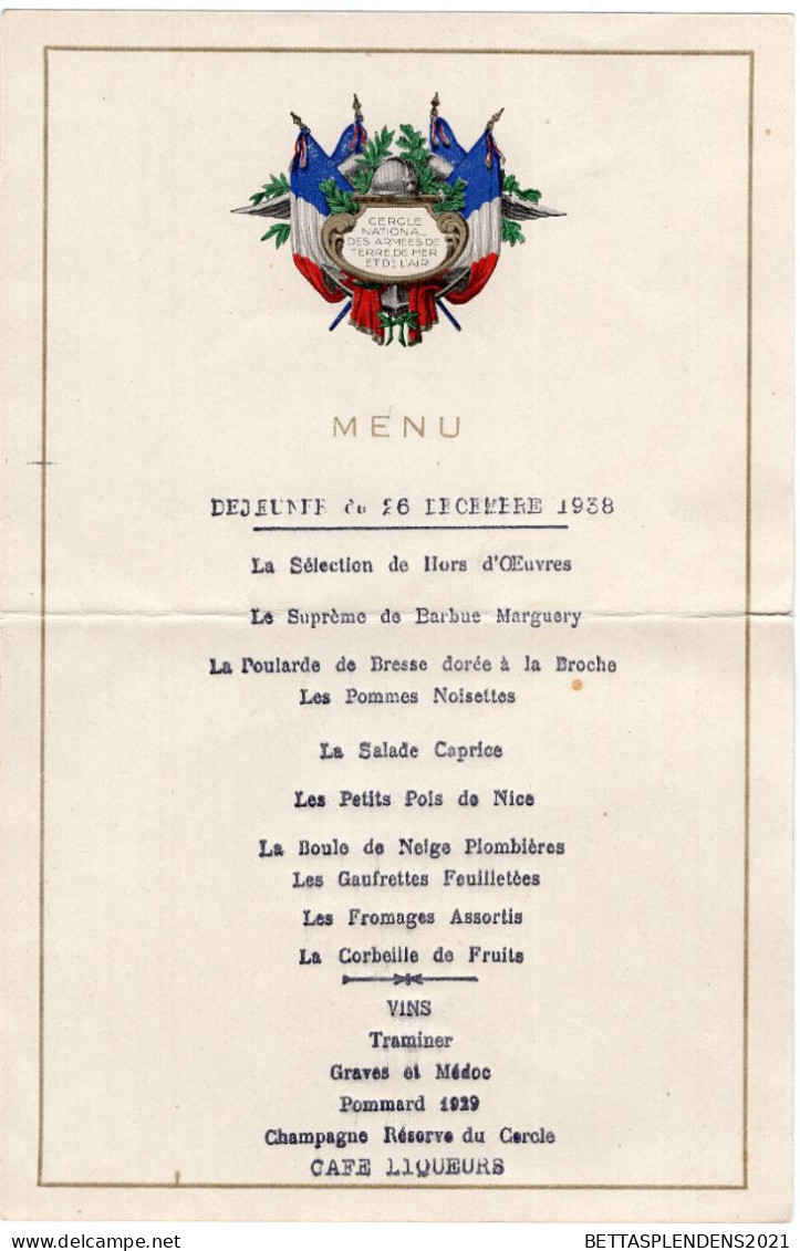 MENU Illustré Du 26 Décembre 1938 - Cercle National Des Armées De Terre, De Mer Et De L'Air - Menus