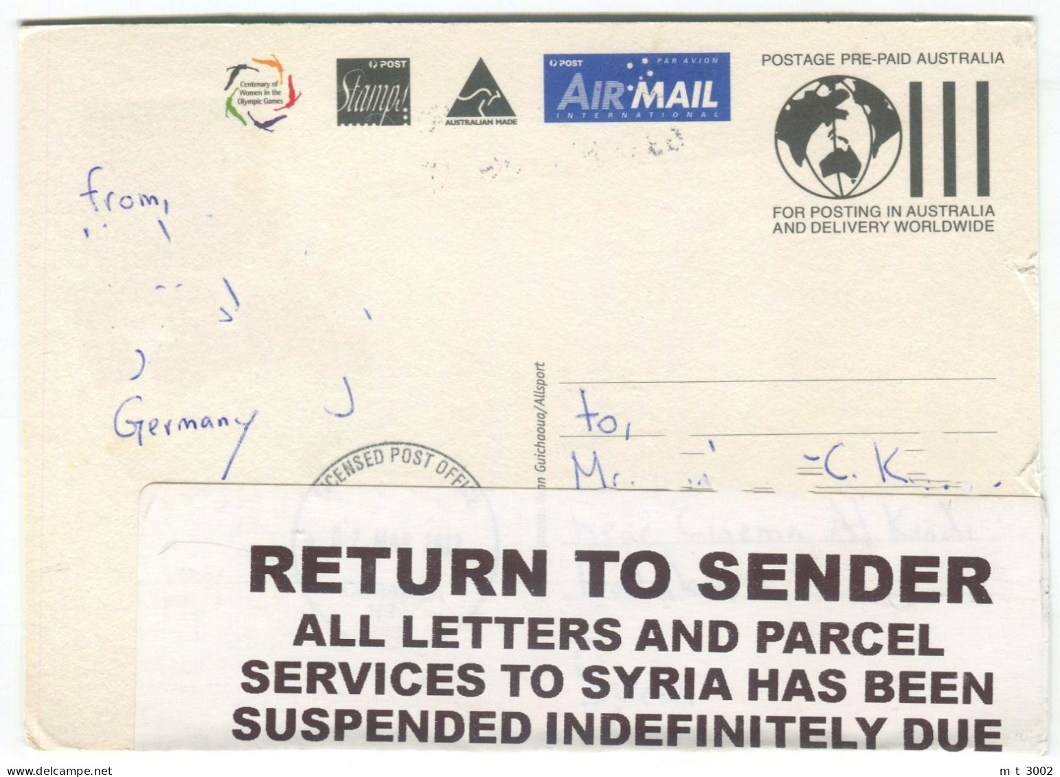 Postcard Australia To Syria 2022 Returned To Sender Due To Civil Conflict - Briefe U. Dokumente