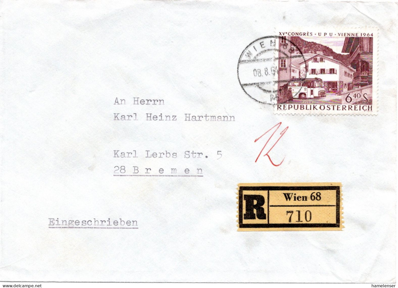 74889 - Österreich - 1964 - S6,40 UPU-Kongress EF A R-Bf WIEN -> Westdeutschland - Covers & Documents