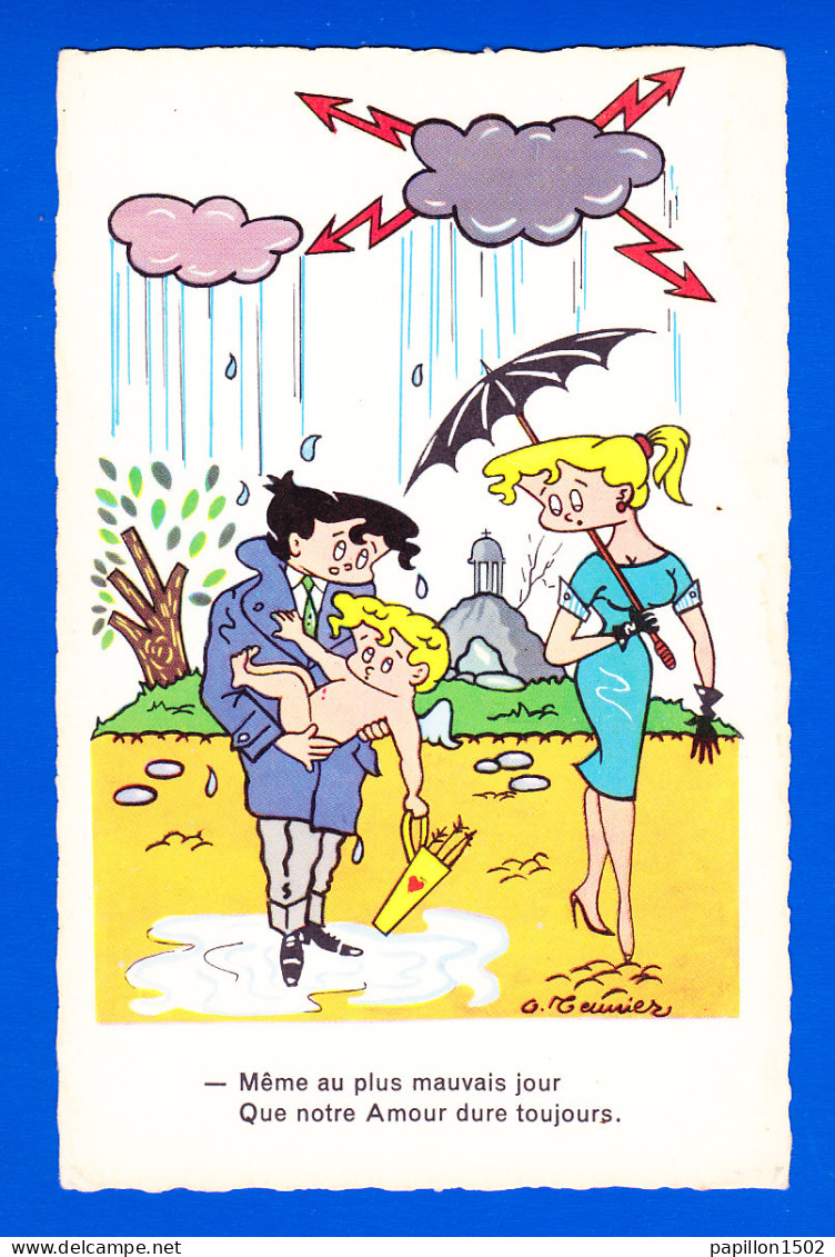 Illust-641P67  G. MEUNIER, ""même Au Plus Mauvais Jour Que Notre Amour Dure Toujours"", Orage, Femme, Parapluie, Ange, B - Meunier, G.