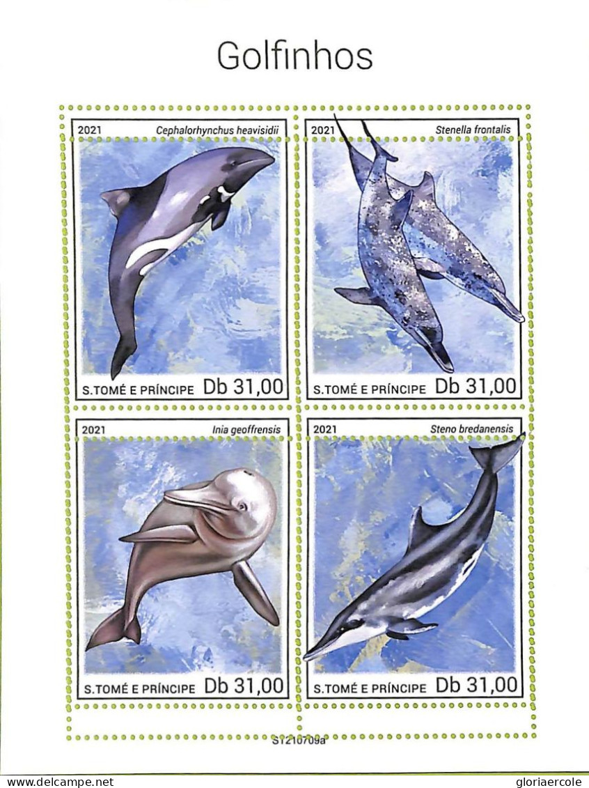 A9255 - S.TOME E PRINCIPE - ERROR MISPERF Stamp Sheet - 2021 Dolphins - Dolphins