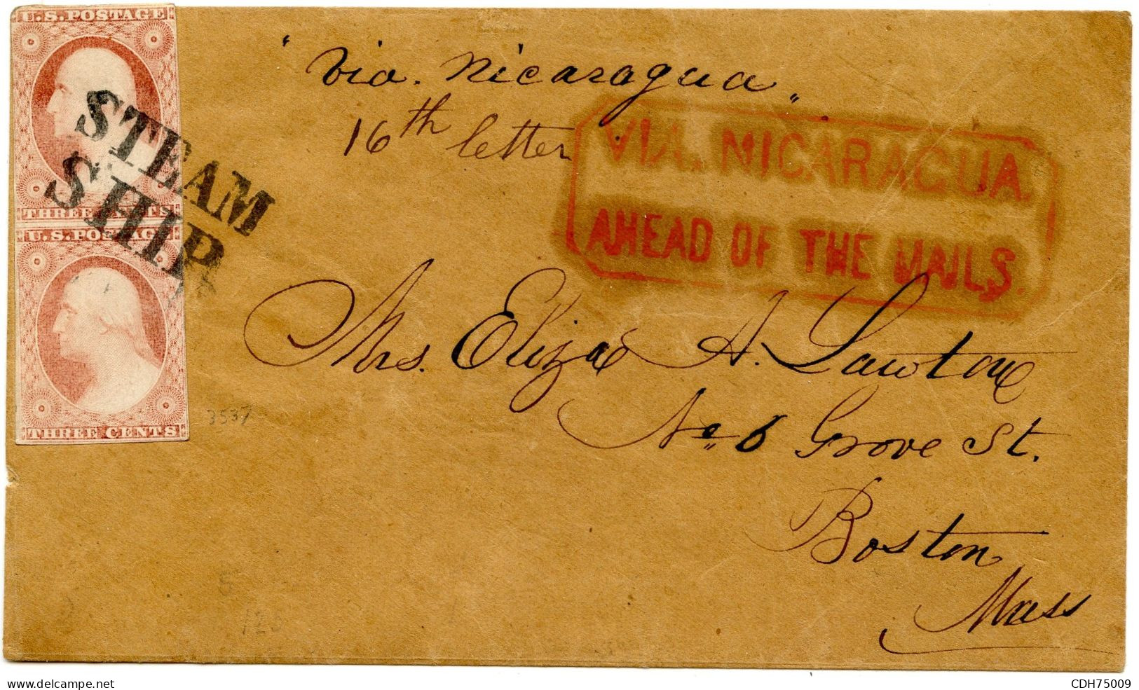 ETATS UNIS - STEAM SHIP / 3C FRANKLIN X 2 + VIA NICARAGUA AHEAD OF THE MAIL - CERTIFICAT ROUMET - Lettres & Documents