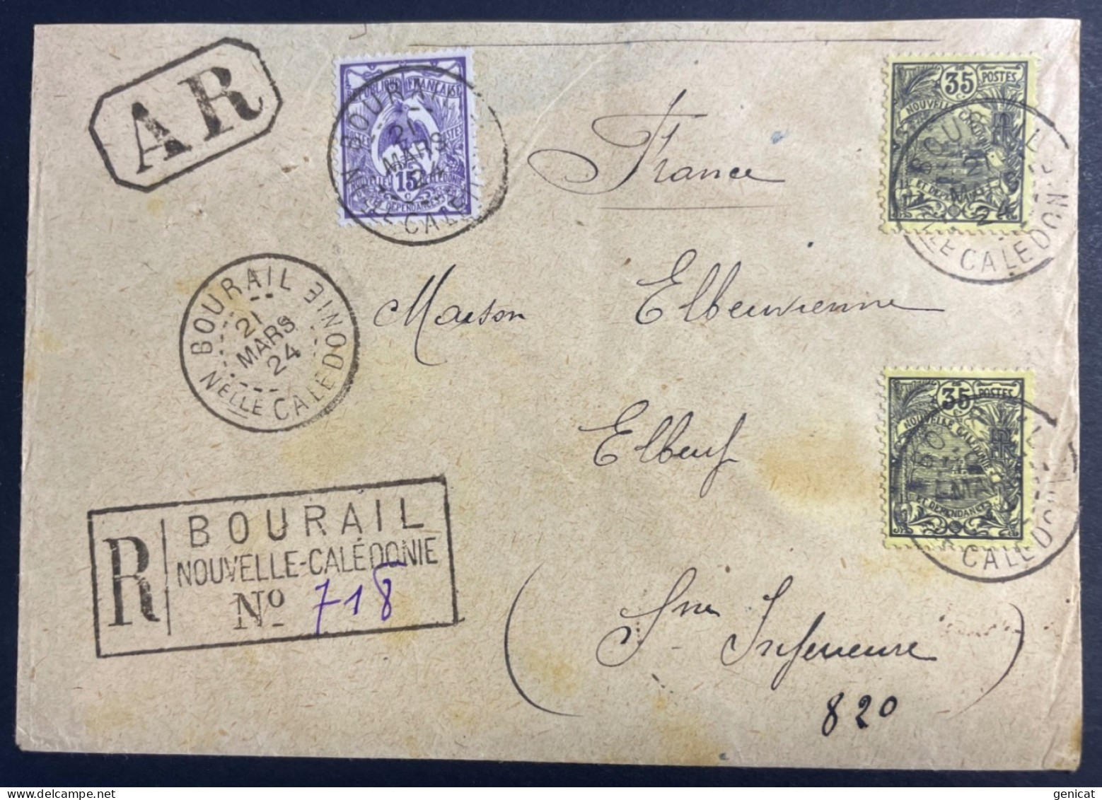Nouvelle Calédonie Lettre Recommandé Avec AR De Bourail 1924 Pour Elbeuf - Cartas & Documentos