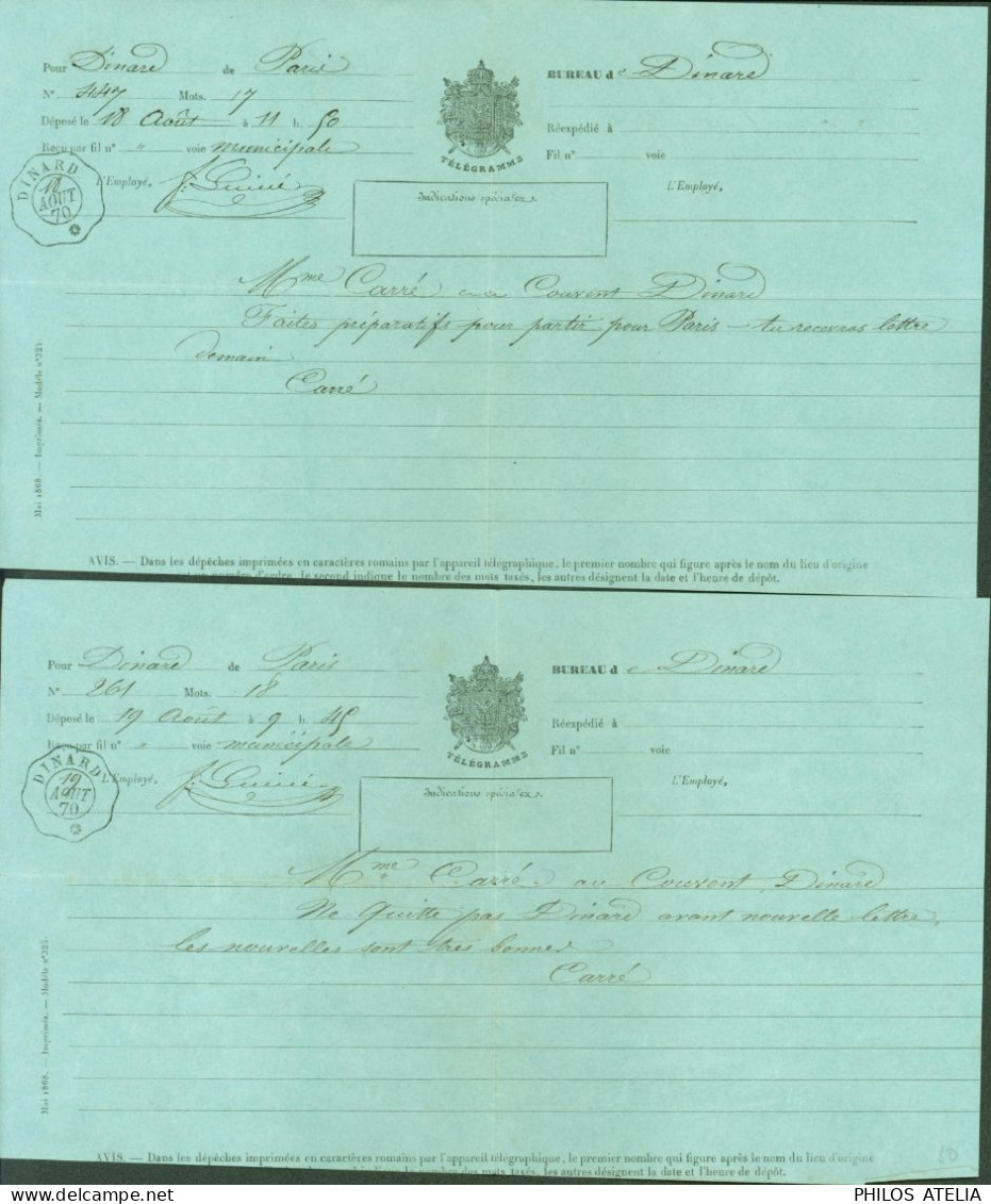 2 Télégrammes Dame Au Couvent De Dinard Du 18 & 19 8 1870 Préparatifs Départ Paris & Rester Dinard Guerre France Prusse - Telegraph And Telephone