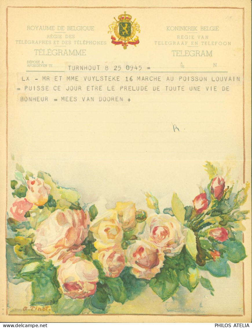 Belgique Télégramme Illustré Fleurs Illustrateur A Tinot Félicitations Mariage Régie Télégraphe Téléphone RTT 25 9 1945 - Telegrams