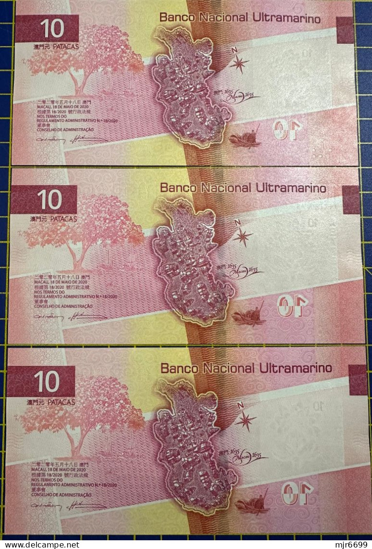 MACAU, MACAO - 2020 BANCO NACIONAL ULTRAMARINO 10 PATACAS UNC X 3 ALL SAME NUMBER - 775800 - Macau