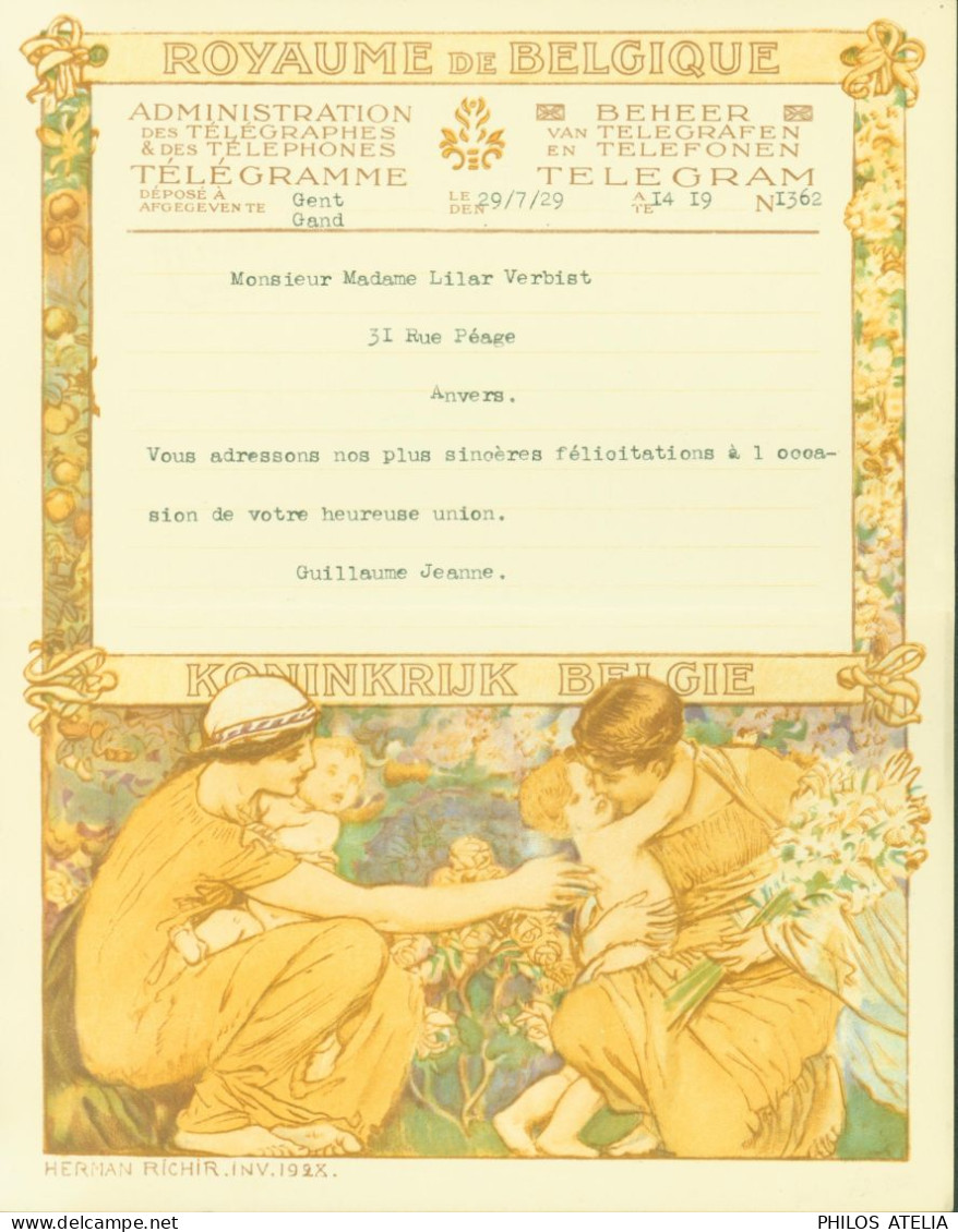 Belgique Télégramme Illustré Mères Enfants Fleurs KONINKRIJK BELGIE Illustrateur Herman Richir Pour Mariage Anvers 1923 - Telegramme