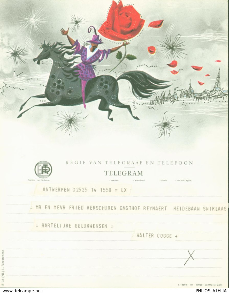 Belgique Télégramme Illustré Cavalier à La Rose RTT Régie Télégramme Téléphone 24 IV 1962 - Telegramas