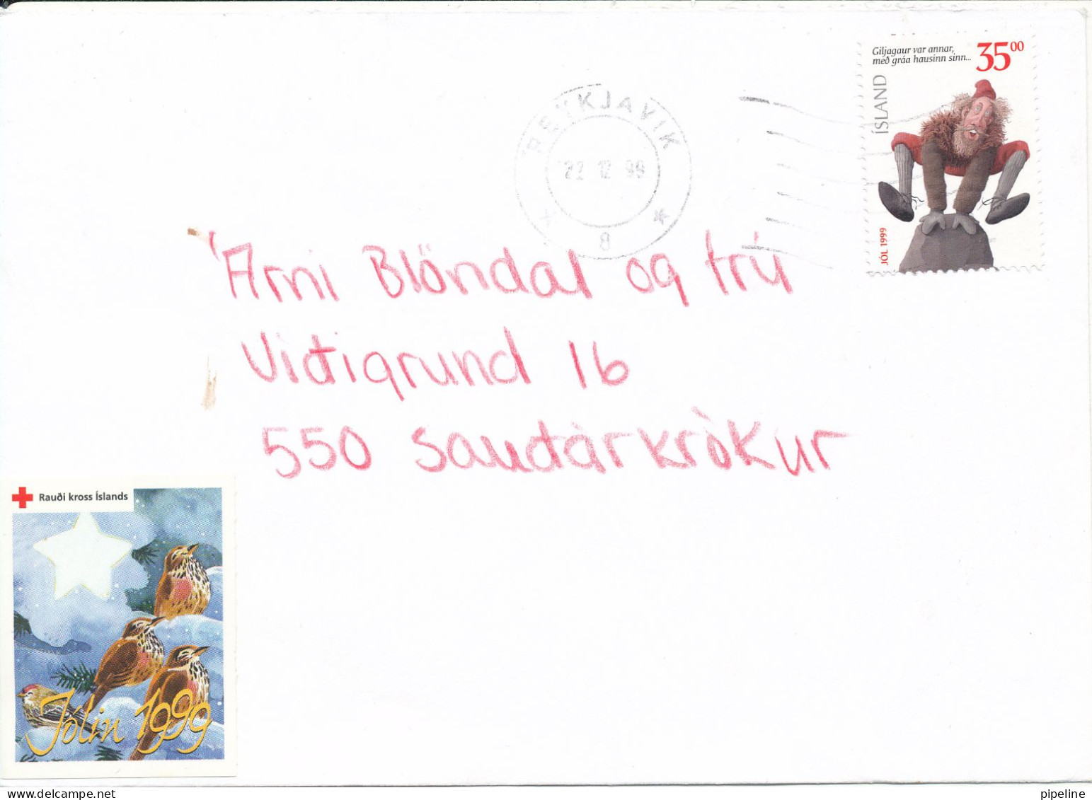 Iceland Cover Sent To Denmark Reykjavik 22-12-1999 Single Franked Christmas Stamp 1999 - Covers & Documents