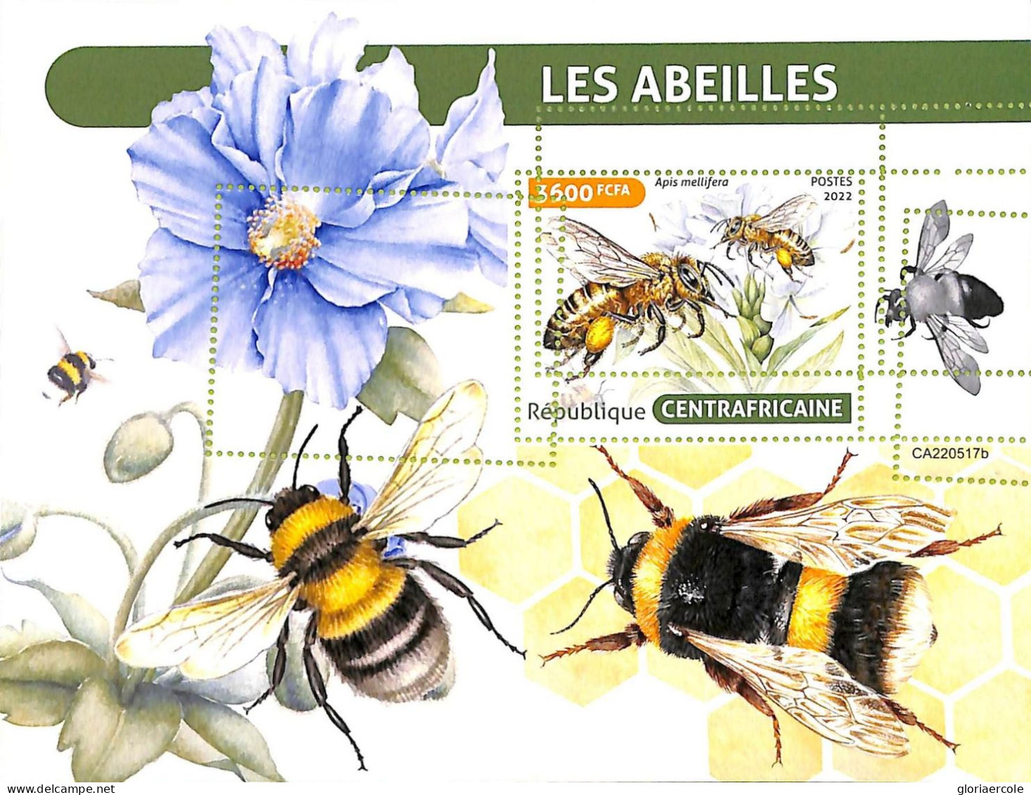 A7343 - CENTRAFRICAINE - ERROR MISPERF Stamp Sheet - 2022- Insects -Honeybees - Abeilles