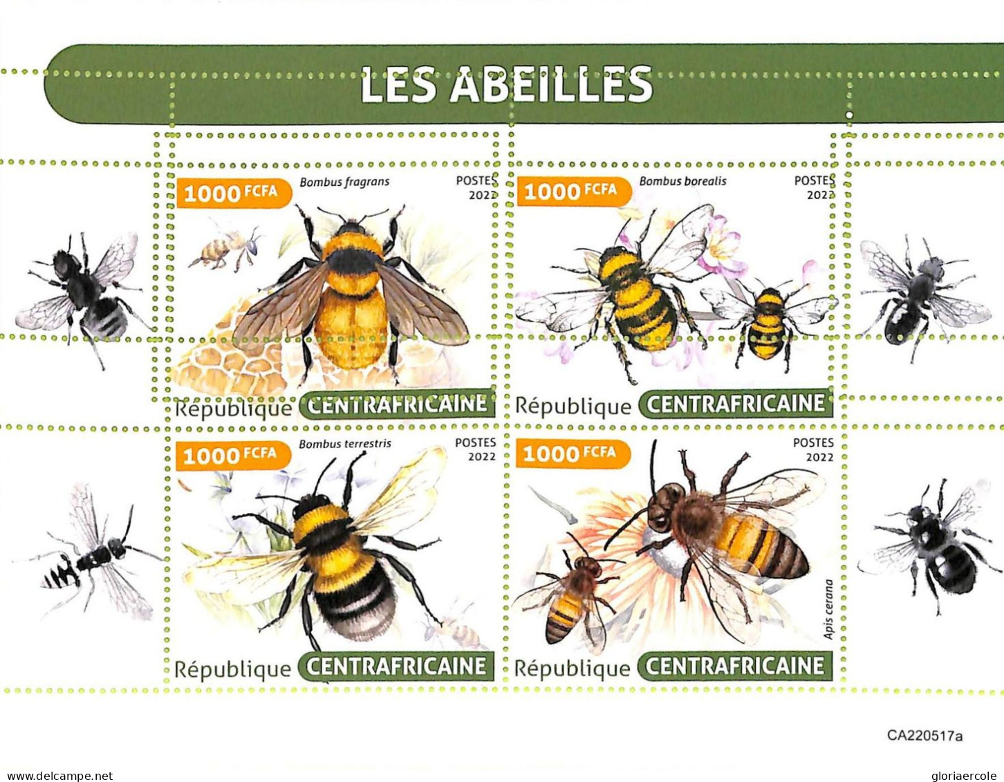 A7344 - CENTRAFRICAINE - ERROR MISPERF Stamp Sheet - 2022- Insects -Honeybees - Abeilles