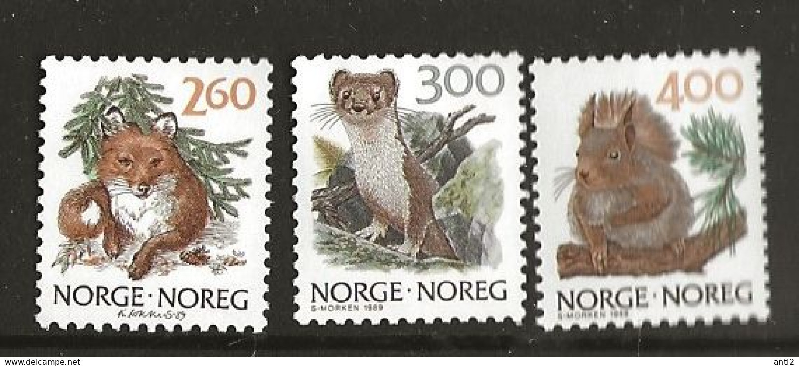 Norway 1989 Nature:  Red Fox (Vulpes Vulpes), Stoat (Mustela Erminea), Red Squirrel (Sciurus Vulgaris), Mi  1009-11 MNH - Nuevos