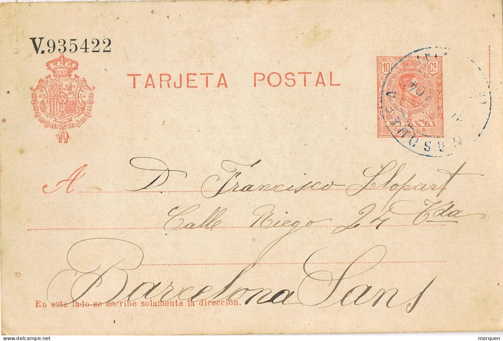 54005. Entero Postal MASQUEFA (Barcelona)  1914. Alfonso XIII Medallon, Fechador Azul - 1850-1931