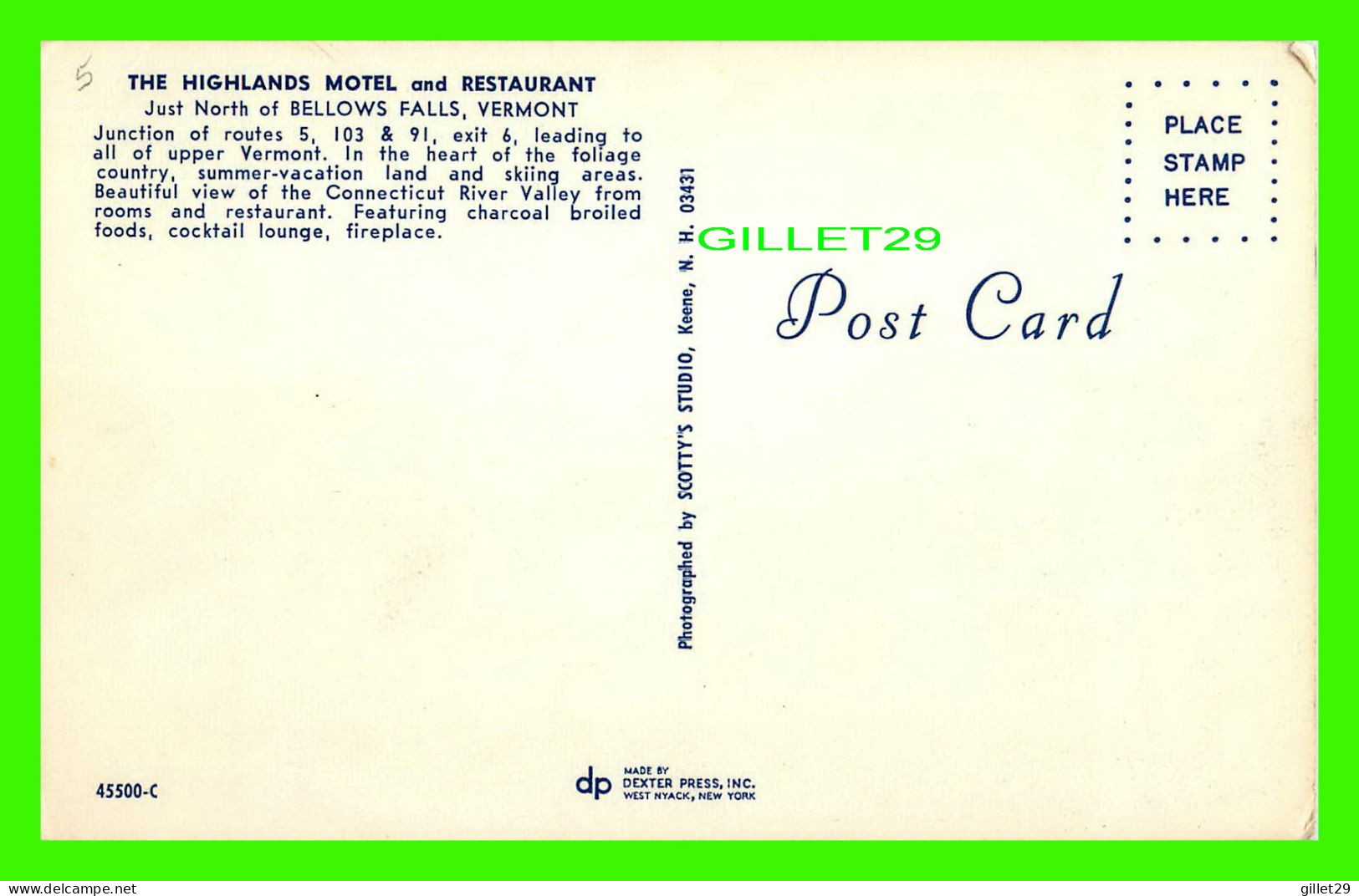 BELLOWS FALLS, VT - THE HIGHLANDS MOTEL AND RESTAURANT - DEXTER PRESS INC - SCOTTY'S STUDIO - - Other & Unclassified