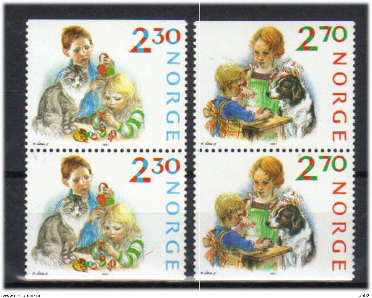 Norway 1987 Christmas. Children Make Christmas Decorations, Cat. Children Bake Gingerbread, Dog, Mi 984-985 Pairs MNH - Unused Stamps